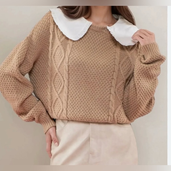 Blu Pepper Sweaters - Blu Pepper Doll Collared Cable Knit Beige Sweater Size Small
